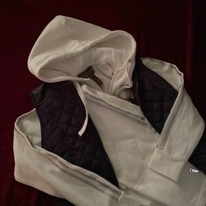 Three piece cream jogger with blue and brown puffer vest (Medium)